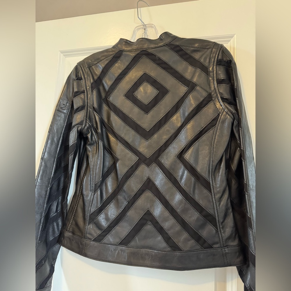 Black Geometric Leather Jacket - image 2